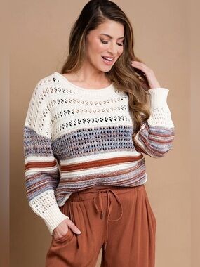 Mint Sweater Crochet Open-Knit Striped Crewneck Long Cream Rust Blue Women Med